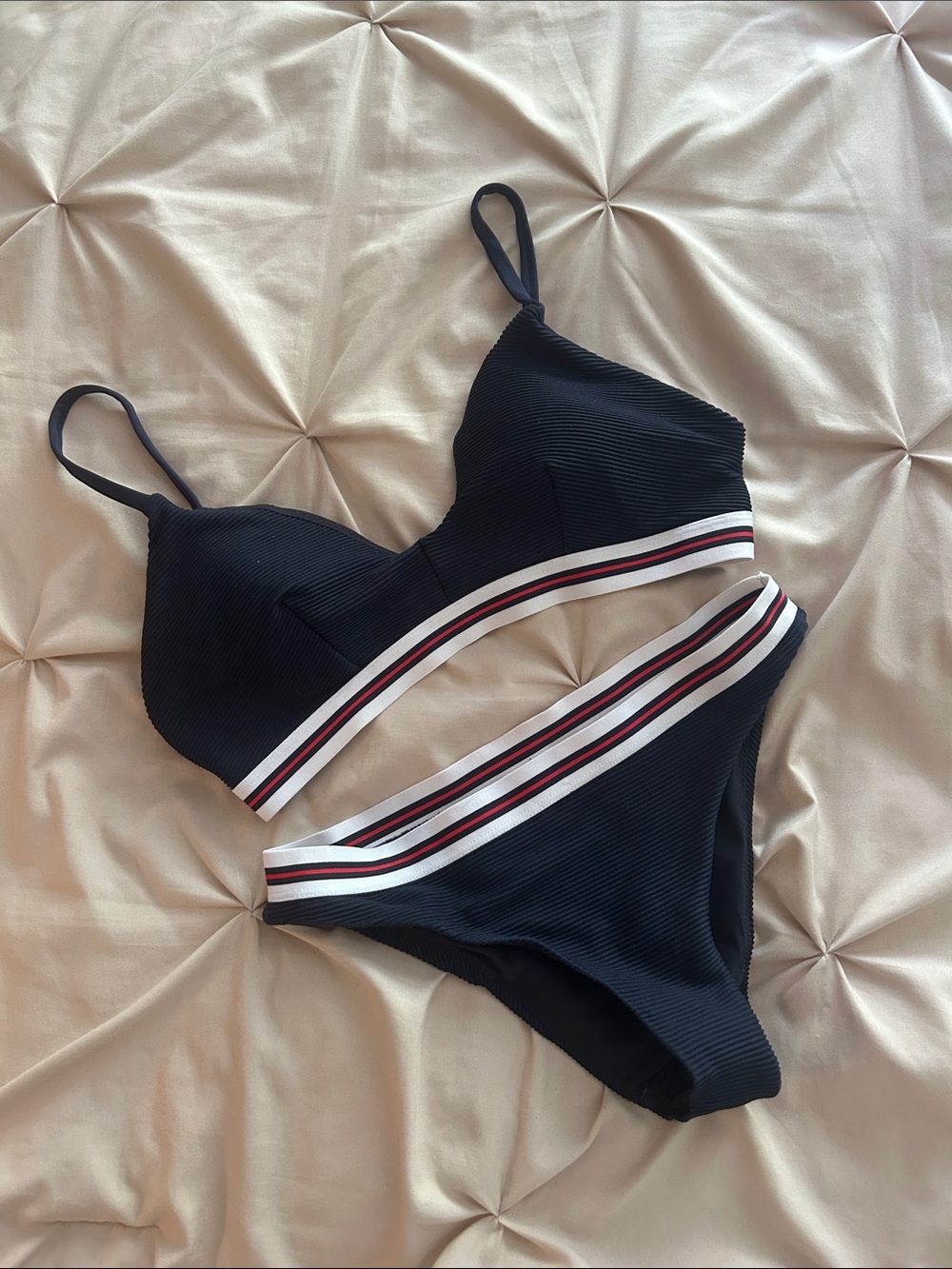 H&M Navy Ribbed Bikini Set Top 8 Bottom 4 Striped